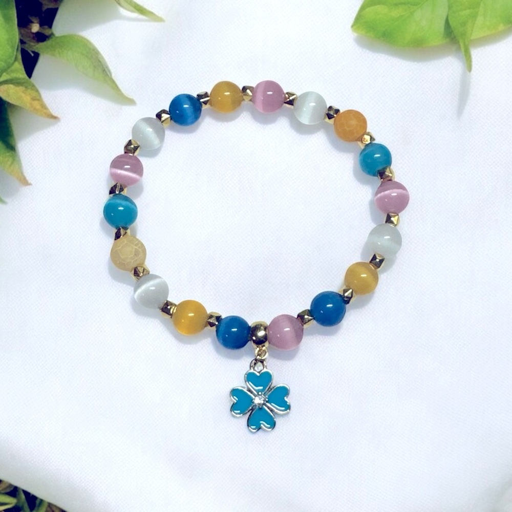 Multicolor Cat Eye Stretch Bracelet with Charm